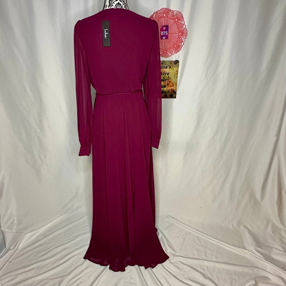 NWT Lulu's Red Wrap Gown with Ruffled Hem and Bishop Sleeves Large - Picture 7 of 12